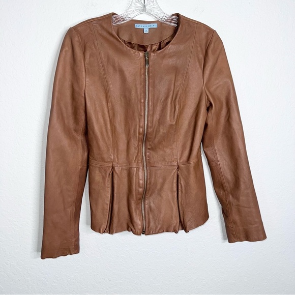 Antonio Melani Leather Jacket Womens Small Brown Zipper Peplum B25 - Picture 1 of 9